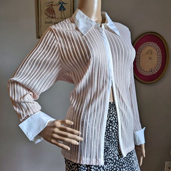 Vintage Y2K Liz Claiborne Blouse Zip Front Pink Striped Mesh Plus Size 1X Petite - Picture 1 of 11